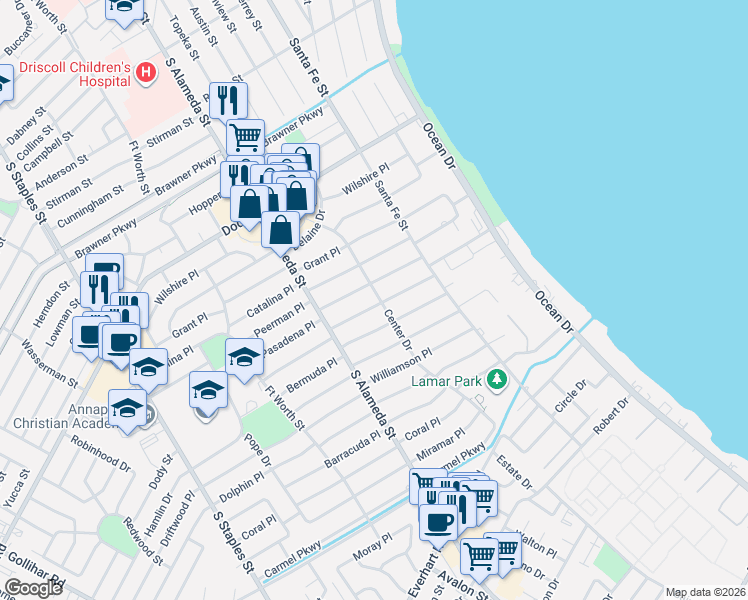 map of restaurants, bars, coffee shops, grocery stores, and more near 411 Peerman Place in Corpus Christi