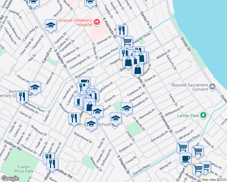 map of restaurants, bars, coffee shops, grocery stores, and more near 922 Delaine Drive in Corpus Christi