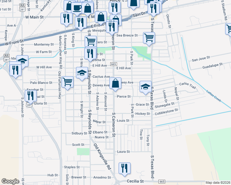 map of restaurants, bars, coffee shops, grocery stores, and more near 909 South Cameron Street in Alice