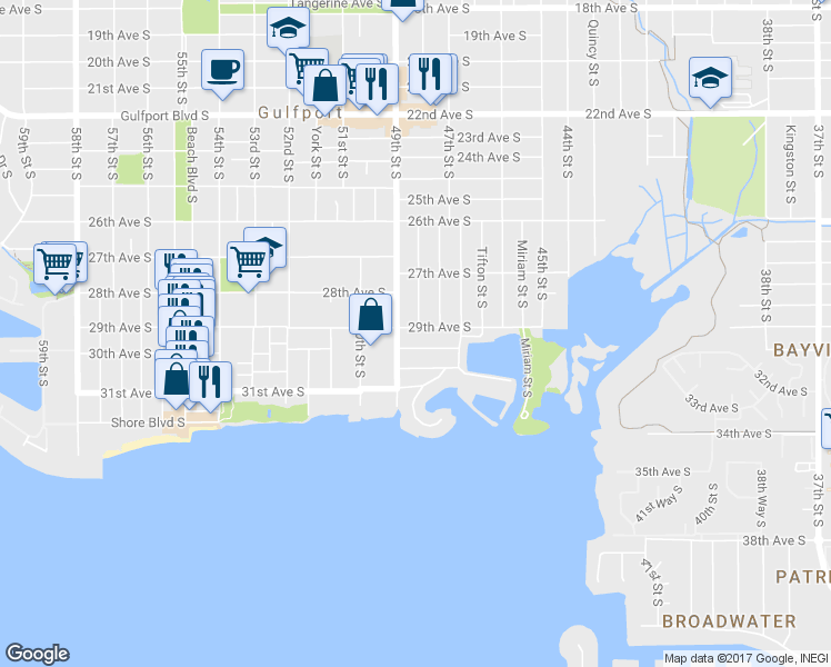 map of restaurants, bars, coffee shops, grocery stores, and more near 4804 29th Avenue South in Gulfport