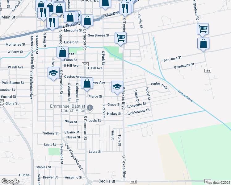 map of restaurants, bars, coffee shops, grocery stores, and more near 1028 Pierce Street in Alice