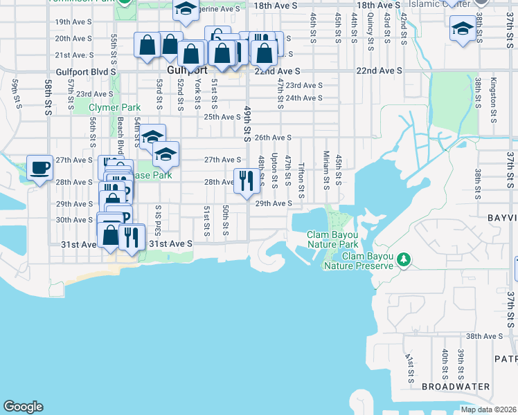 map of restaurants, bars, coffee shops, grocery stores, and more near 4804 29th Avenue South in Gulfport