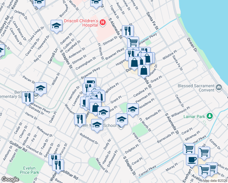 map of restaurants, bars, coffee shops, grocery stores, and more near 922 Delaine Drive in Corpus Christi