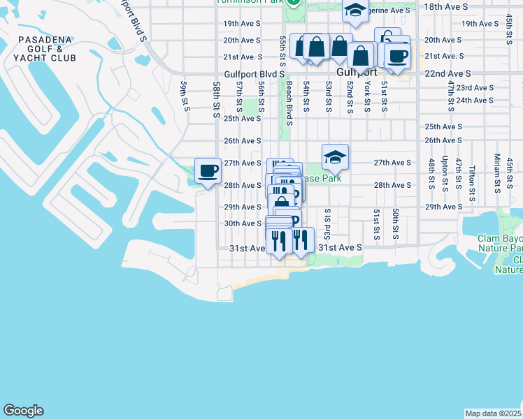 map of restaurants, bars, coffee shops, grocery stores, and more near 5632 29th Avenue South in Gulfport