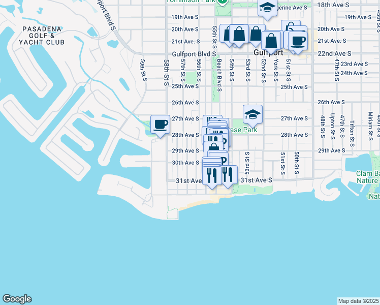 map of restaurants, bars, coffee shops, grocery stores, and more near 5632 29th Avenue South in Gulfport