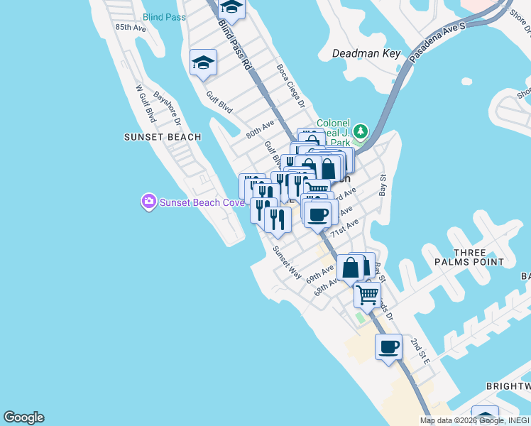 map of restaurants, bars, coffee shops, grocery stores, and more near 640 75th Avenue in St. Pete Beach