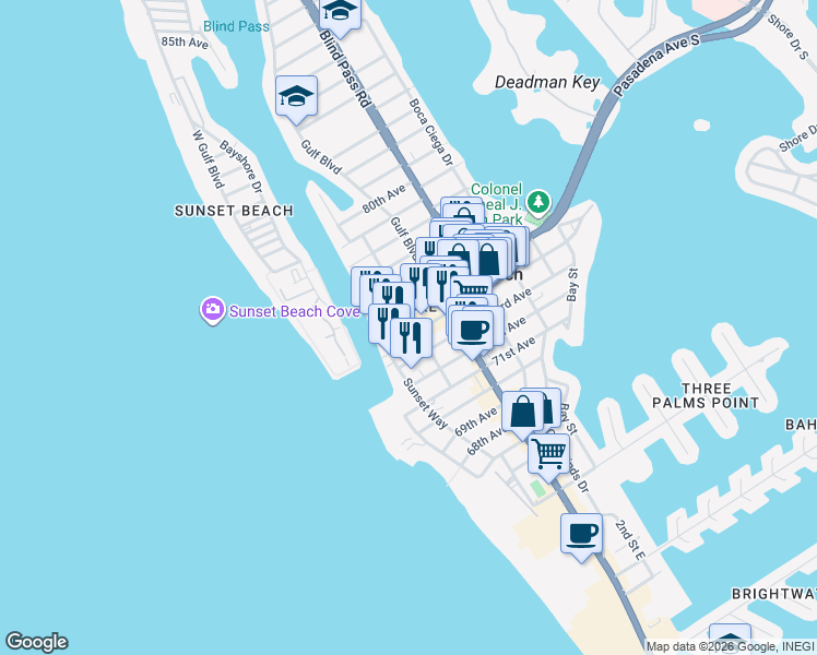 map of restaurants, bars, coffee shops, grocery stores, and more near 640 75th Avenue in St. Pete Beach
