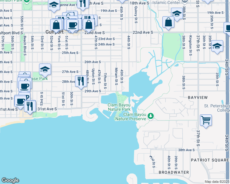 map of restaurants, bars, coffee shops, grocery stores, and more near 4526 29th Avenue South in Gulfport