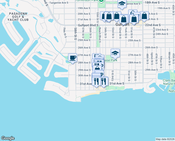 map of restaurants, bars, coffee shops, grocery stores, and more near 5626 29th Avenue South in Gulfport