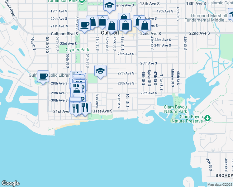map of restaurants, bars, coffee shops, grocery stores, and more near 5108 29th Avenue South in Gulfport