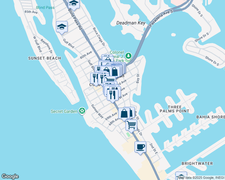 map of restaurants, bars, coffee shops, grocery stores, and more near 7301 Gulf Boulevard in St. Pete Beach