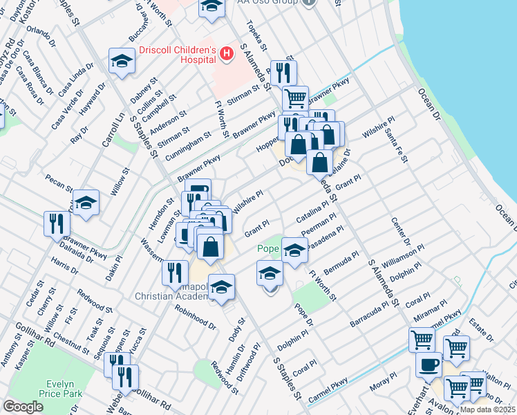 map of restaurants, bars, coffee shops, grocery stores, and more near 922 Delaine Drive in Corpus Christi
