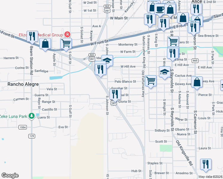 map of restaurants, bars, coffee shops, grocery stores, and more near 507 Escobar Street in Alice
