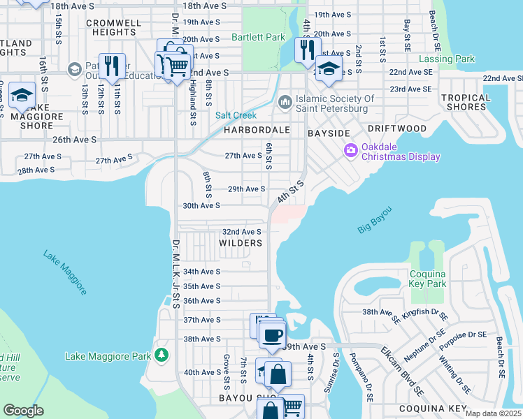 map of restaurants, bars, coffee shops, grocery stores, and more near 3007 6th Street South in St. Petersburg