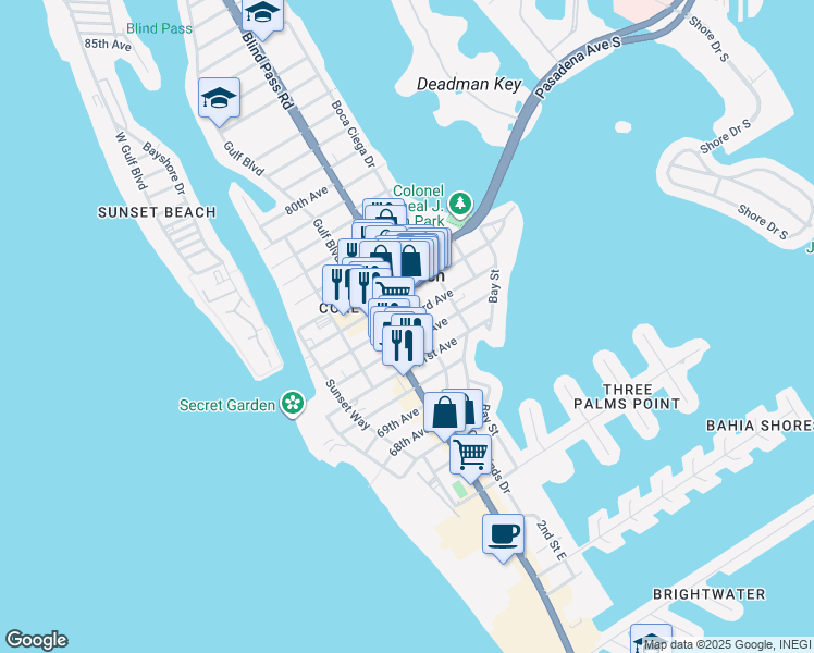 map of restaurants, bars, coffee shops, grocery stores, and more near 7301 Gulf Boulevard in St. Pete Beach