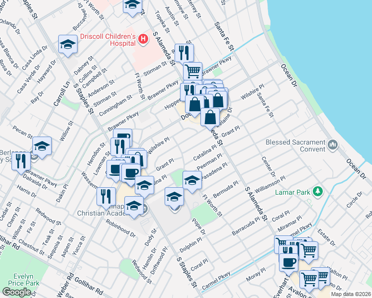map of restaurants, bars, coffee shops, grocery stores, and more near 622 Grant Place in Corpus Christi