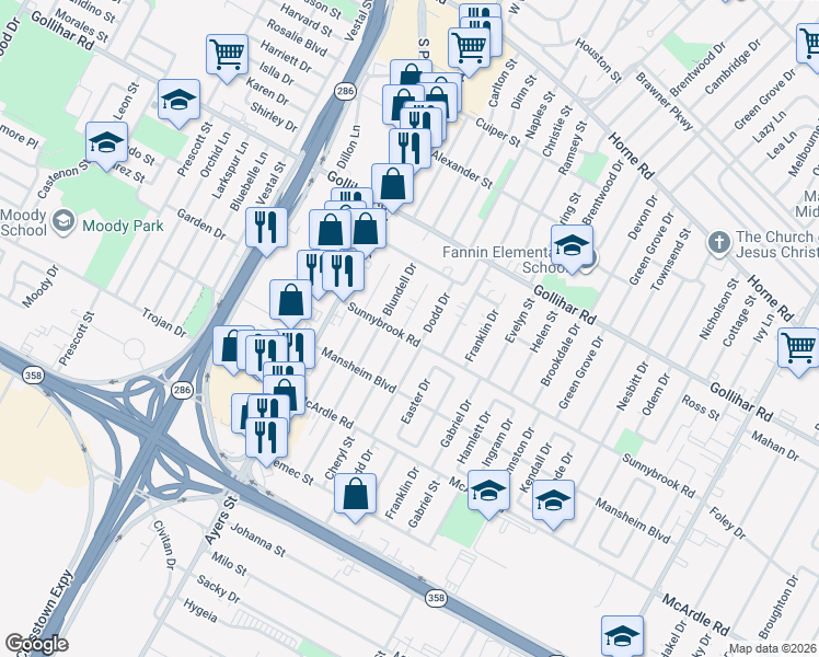 map of restaurants, bars, coffee shops, grocery stores, and more near 4650 Cheryl Drive in Corpus Christi