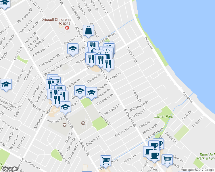 map of restaurants, bars, coffee shops, grocery stores, and more near 505 Catalina Place in Corpus Christi