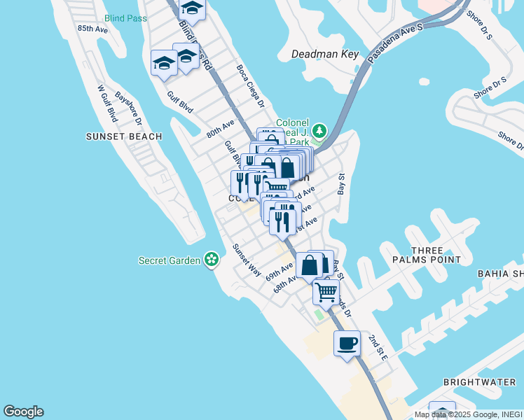 map of restaurants, bars, coffee shops, grocery stores, and more near 7301 Gulf Boulevard in St. Pete Beach