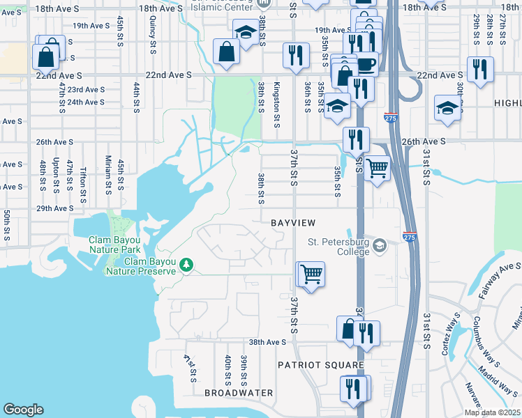 map of restaurants, bars, coffee shops, grocery stores, and more near 7595 4th Street North in Saint Petersburg