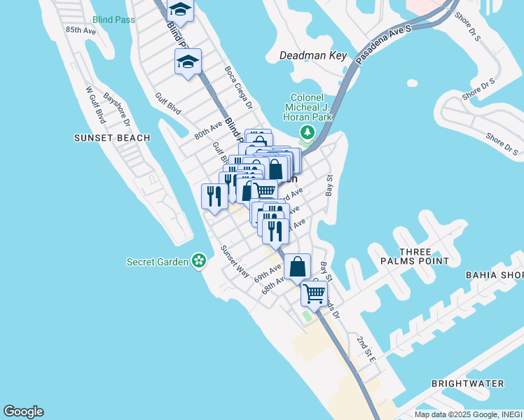 map of restaurants, bars, coffee shops, grocery stores, and more near 7301 Gulf Boulevard in St. Pete Beach