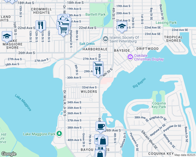 map of restaurants, bars, coffee shops, grocery stores, and more near 3007 6th Street South in St. Petersburg