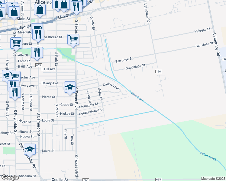 map of restaurants, bars, coffee shops, grocery stores, and more near 1229 Lawrence Trail in Alice