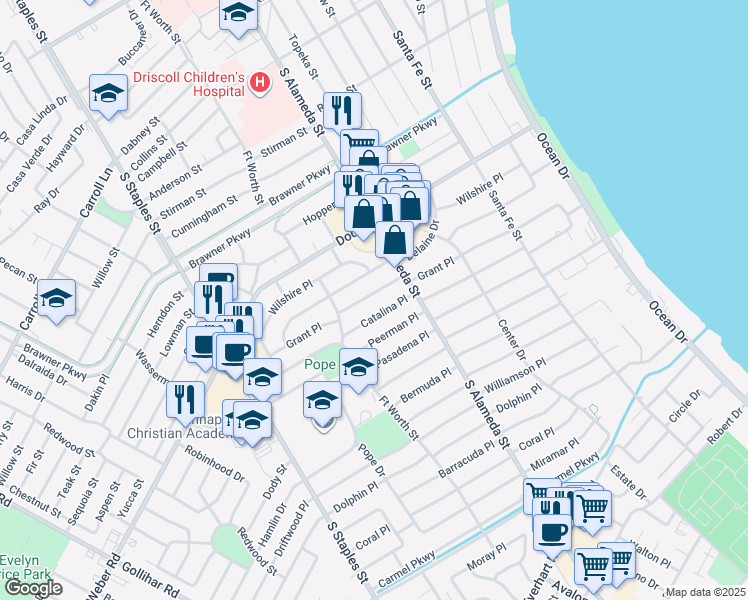 map of restaurants, bars, coffee shops, grocery stores, and more near 525 Grant Place in Corpus Christi