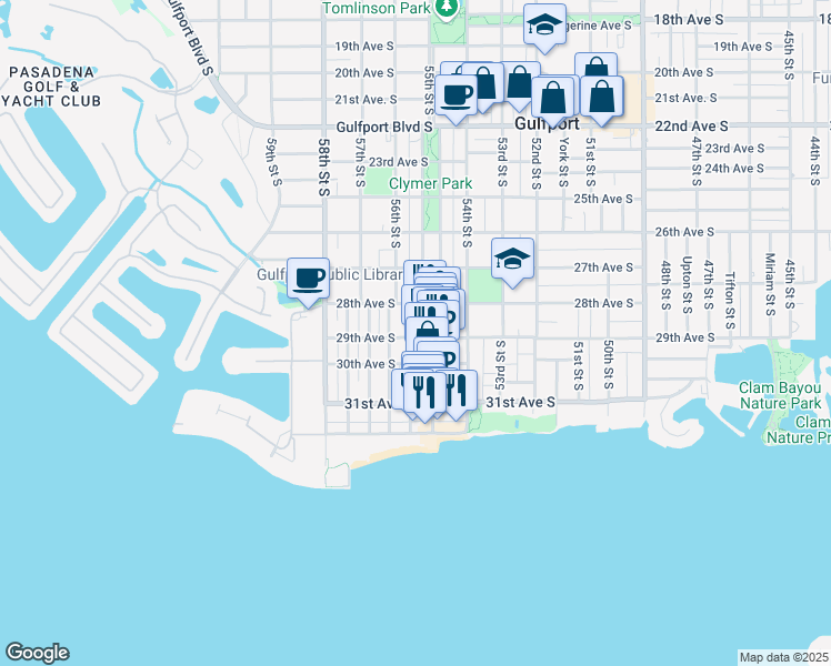 map of restaurants, bars, coffee shops, grocery stores, and more near 5513 29th Avenue South in Gulfport