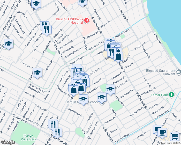 map of restaurants, bars, coffee shops, grocery stores, and more near 1014 Wilshire Place in Corpus Christi