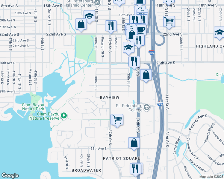 map of restaurants, bars, coffee shops, grocery stores, and more near 3691 30th Avenue South in St. Petersburg