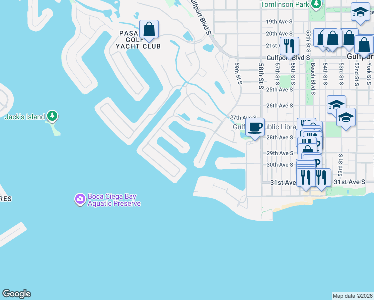 map of restaurants, bars, coffee shops, grocery stores, and more near 5921 Seabird Drive South in Gulfport