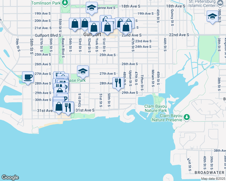 map of restaurants, bars, coffee shops, grocery stores, and more near 4938 29th Avenue South in Gulfport