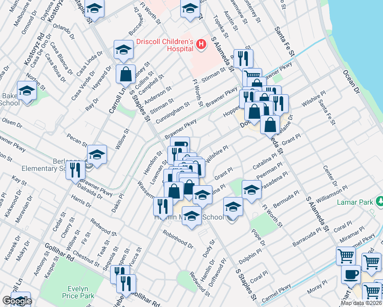 map of restaurants, bars, coffee shops, grocery stores, and more near 3741 Pope Drive in Corpus Christi