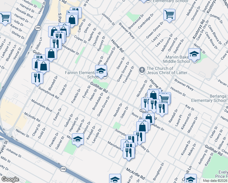 map of restaurants, bars, coffee shops, grocery stores, and more near 2859 Gollihar Road in Corpus Christi