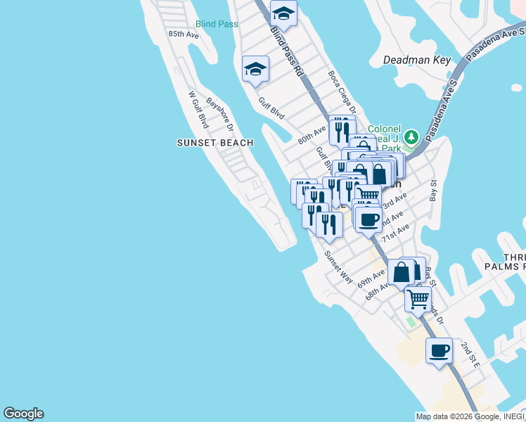 map of restaurants, bars, coffee shops, grocery stores, and more near 7532 Bayshore Drive in Treasure Island