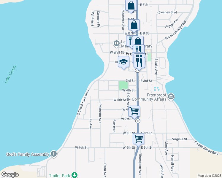 map of restaurants, bars, coffee shops, grocery stores, and more near 214 West 4th Street in Frostproof
