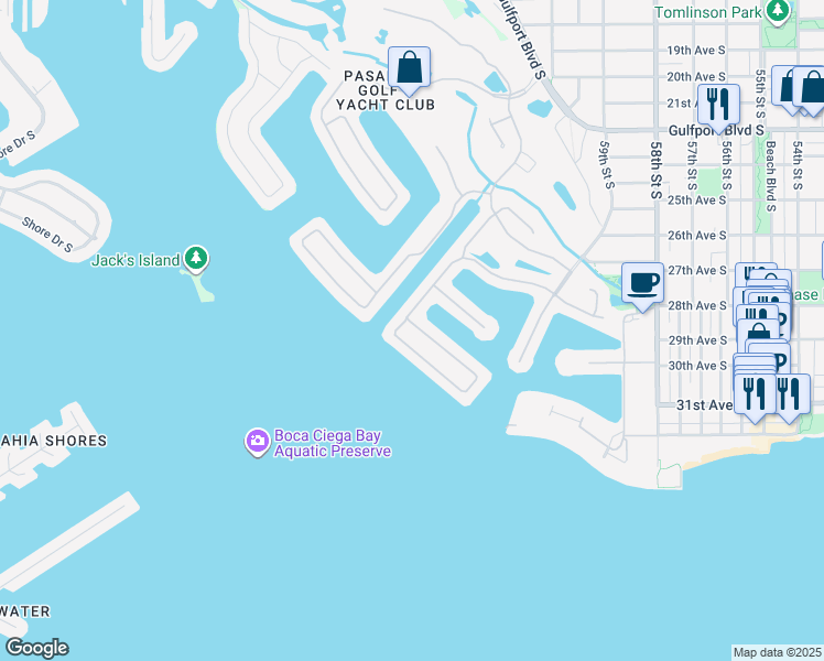 map of restaurants, bars, coffee shops, grocery stores, and more near 5966 Bayview Circle South in Gulfport