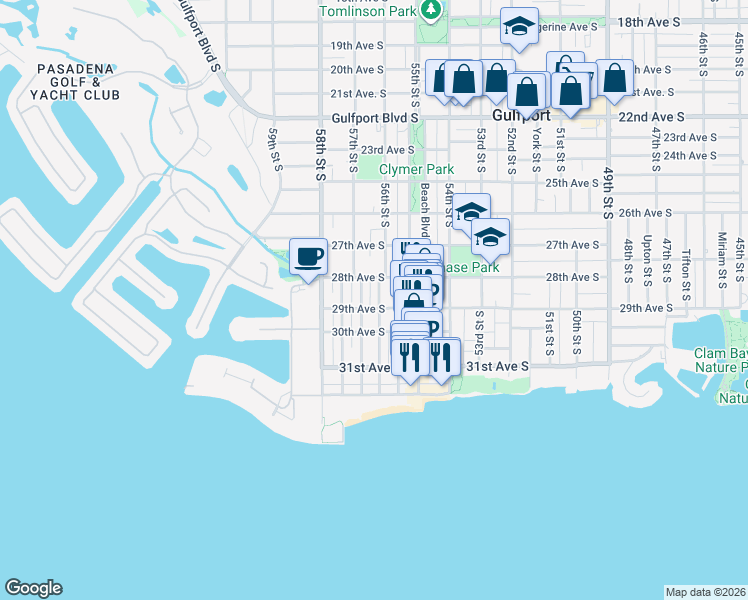 map of restaurants, bars, coffee shops, grocery stores, and more near 2831 Clinton Street South in Gulfport