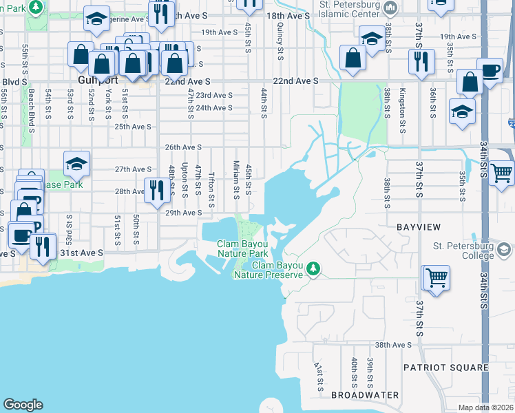 map of restaurants, bars, coffee shops, grocery stores, and more near 2900 45th Street South in Gulfport