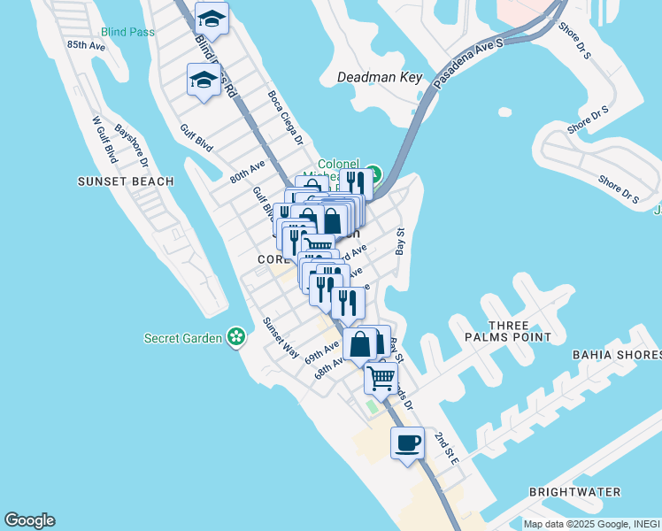 map of restaurants, bars, coffee shops, grocery stores, and more near 327 72nd Avenue in St. Pete Beach