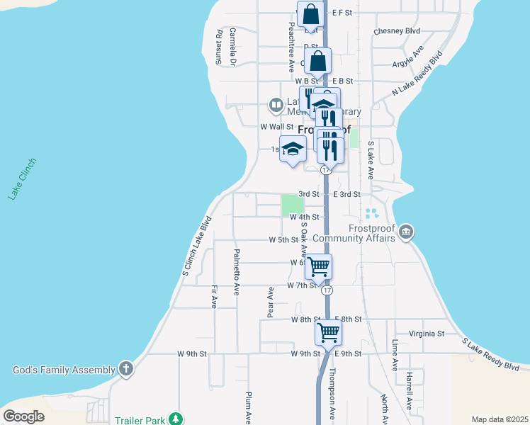 map of restaurants, bars, coffee shops, grocery stores, and more near 214 West 4th Street in Frostproof