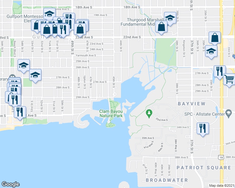 map of restaurants, bars, coffee shops, grocery stores, and more near 2900 45th Street South in Gulfport