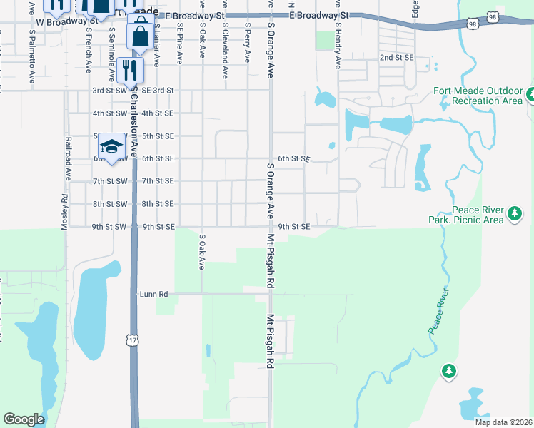 map of restaurants, bars, coffee shops, grocery stores, and more near 806 South Orange Avenue in Fort Meade