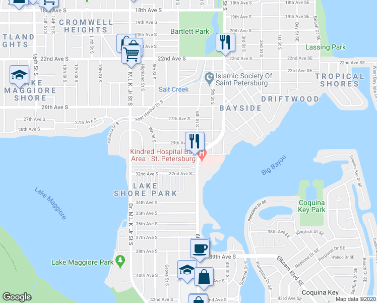 map of restaurants, bars, coffee shops, grocery stores, and more near 627 30th Avenue South in Saint Petersburg