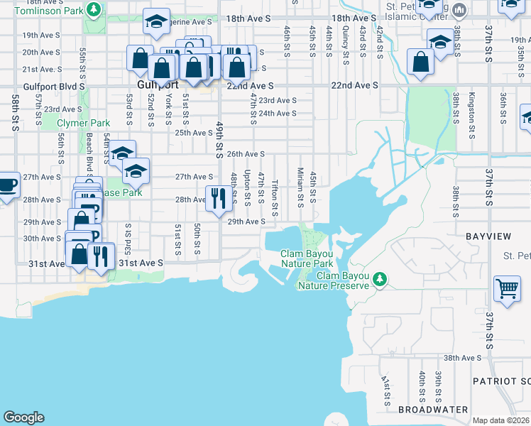 map of restaurants, bars, coffee shops, grocery stores, and more near 2824 47th Street South in Gulfport