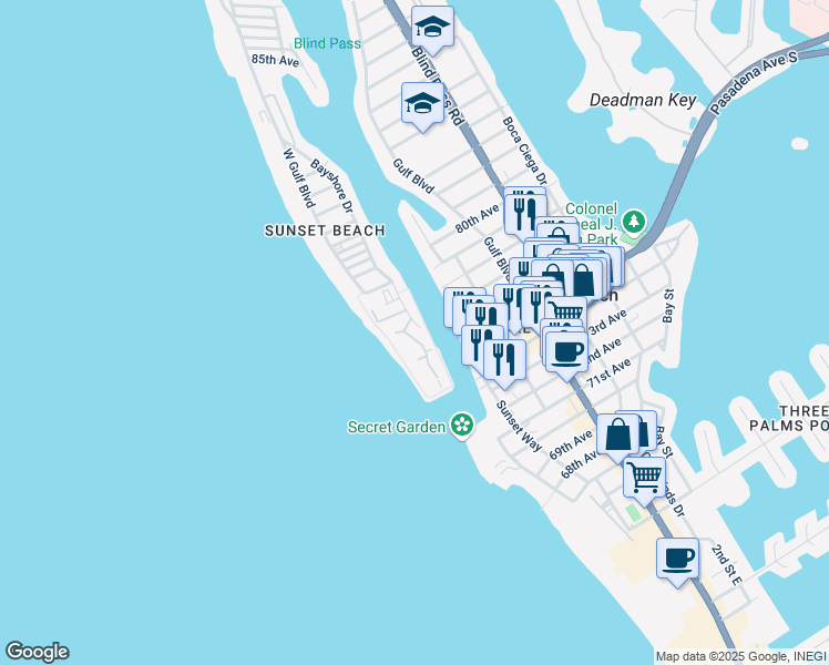 map of restaurants, bars, coffee shops, grocery stores, and more near 7480 Bayshore Drive in Treasure Island