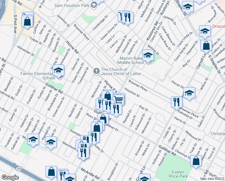 map of restaurants, bars, coffee shops, grocery stores, and more near 3141 Horne Road in Corpus Christi