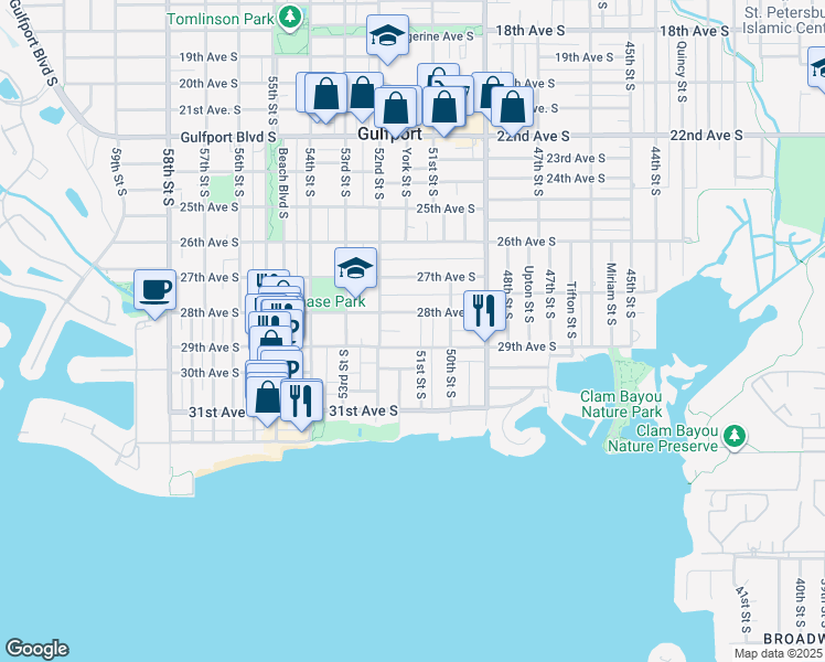 map of restaurants, bars, coffee shops, grocery stores, and more near 5108 29th Avenue South in Gulfport