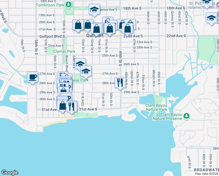 map of restaurants, bars, coffee shops, grocery stores, and more near 2819 50th Street South in Gulfport